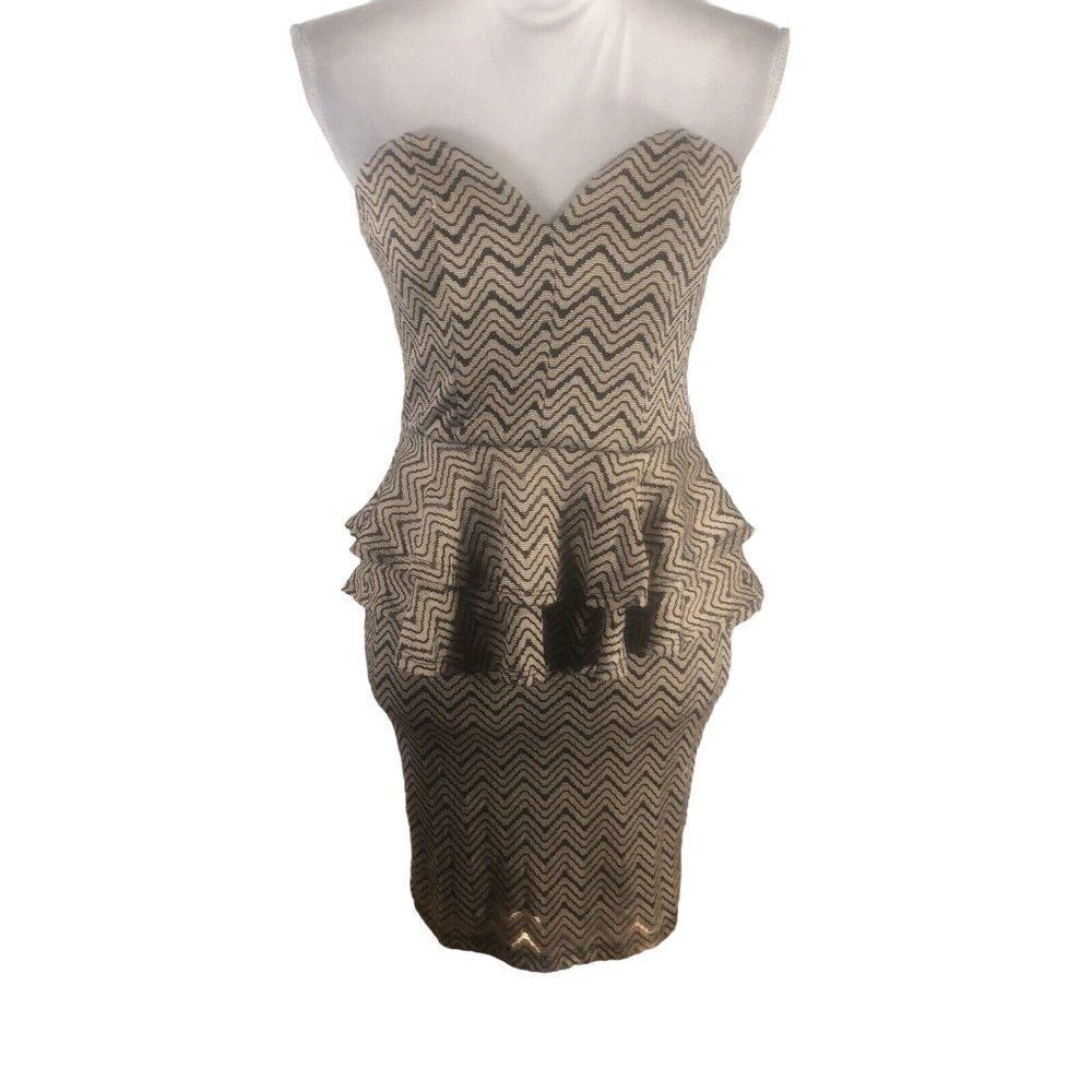 New A Gaci Strapless Stretch Sheath Mini Dress M Peplum Taupe Black Clubwear Hot